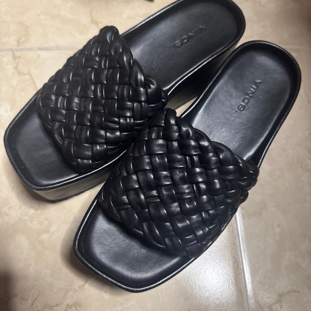 Vince Camuto Black Woven Leather Wedge Womans’ Sandals Never Used size 6.5